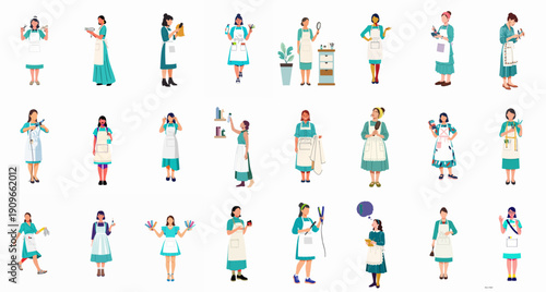 Diverse set of professional women wearing aprons, representing various service occupations like hairstylists, beauticians, cleaners, and artisans, isolated on white background.