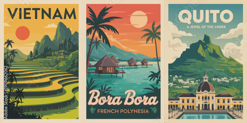 Vietnam Poster, terraced rice fields with large orange sun scenic travel illustration