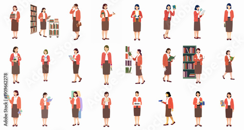 Professional female librarian vector set showing different actions: carrying books, organizing shelves, stamping, reading, and performing library duties.