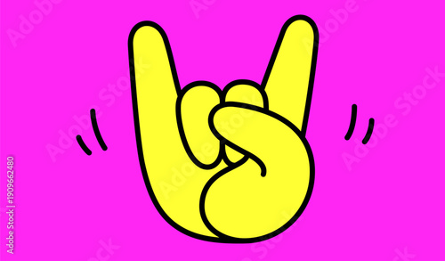 Hand sign fingers Rock, Freedom Free, Horn. Fun Sticker. Design cartoon sticker, pin, badge hand up sign Rock, Freedom Free, Horn. Finger sign symbol metal, music, rock star. Vector Illustration