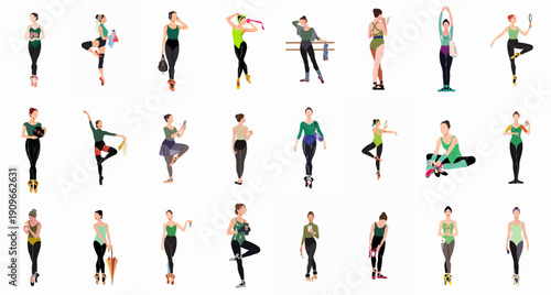 Flat Vector Illustration Set of Ballerinas in Various Poses and Daily Life Activities, Wearing Leotards and Pointe Shoes on a White Background.