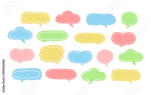 Doodle colorful speech bubble set. Concept of asking frequent questions or communication. Hand drawn text box for FAQ and solution. Vector illustration