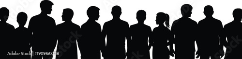 Silhouette group of diverse people standing together, teamwork concept, community unity illustration, diversity representation, anonymous crowd profile, black figures