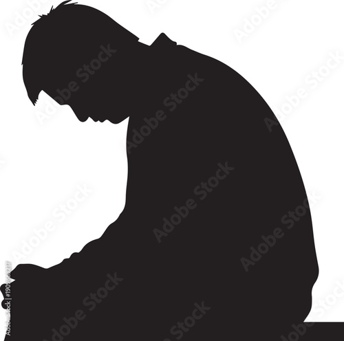 Man kneeling down in prayer vector silhouette illustration, line art spiritual devotion