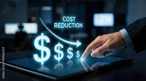 Focused business concept of cost reduction and finance saving. manager uses technology to cut expense and manage budget for better economy and corporate strategy
