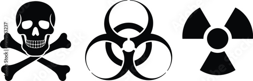 Hazard warning symbols, toxic skull crossbones, biohazard danger sign, radiation risk icon, safety alert pictogram, industrial laboratory caution illustration