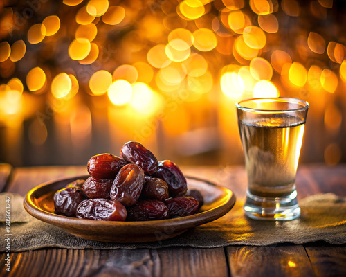 Dates on a wooden plate with a glass of water on a rustic table with warm bokeh lights