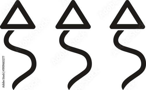 Three abstract triangle symbols with wavy lines, modern black vector artwork representing movement, flow, decorative design, minimalist pattern illustration
