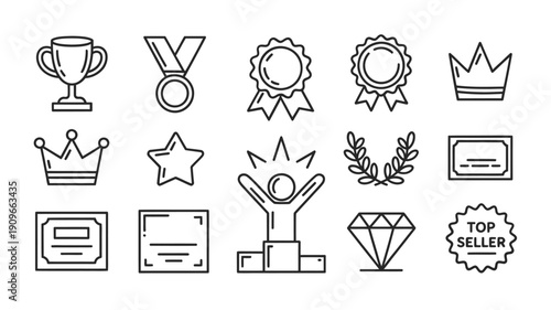 Collection of linear icons representing awards achievements and royal symbols