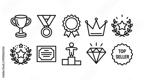 Collection of linear icons depicting awards achievements and recognition symbols