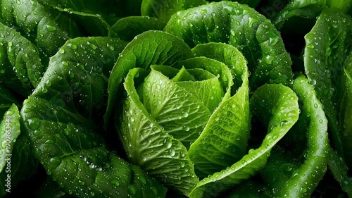 Fresh Green Cabbage Leaves with Water Drops Close Up