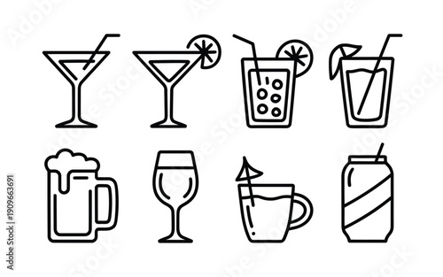 Line art illustration depicting various beverage glasses and containers