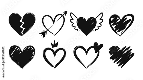 Collection of hand drawn black hearts arrows wings and romantic symbols