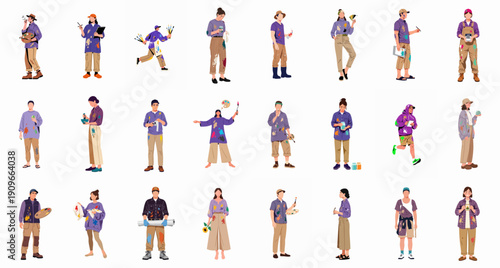Set of various painters and artists, men and women, standing or moving, wearing paint-splattered clothes and holding art supplies, vector illustration.