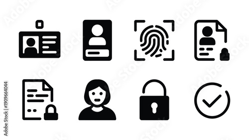 Black and white security icons depicting identification access and personal data