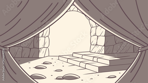 Ancient stone underground tunnel interior with arched ceiling and circular floor design