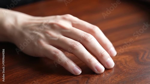 Wallpaper Mural A hand, resting gently on a polished wooden surface, fingers slightly curved Torontodigital.ca