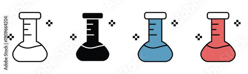 Four laboratory flasks with colored liquids isolated on white background science experiment illustration