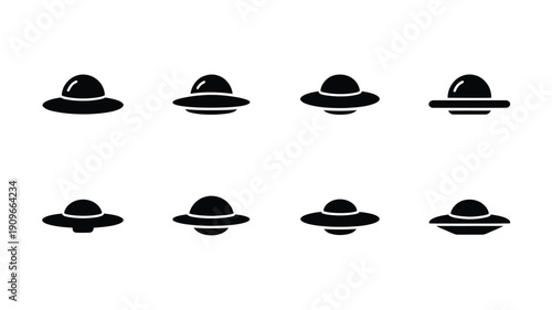 A collection of minimalist black silhouettes depicting various unidentified flying objects