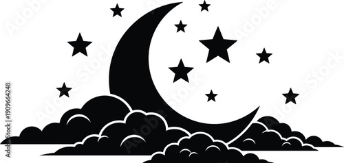 Nocturnal scene illustration with crescent moon and shining stars floating above stylized clouds in night sky
