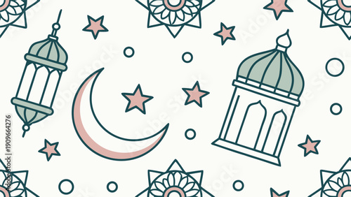 Islamic lantern crescent moon stars seamless pattern Ramadan Eid decor