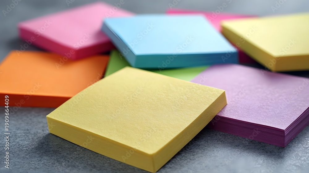 Fototapeta premium A pile of colorful sticky notes stacked and overlapping on a textured grey surface