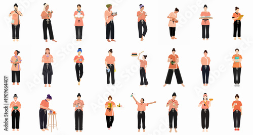 Collection of professional female spa and wellness therapists preparing treatments, offering services, and engaging in various work activities in flat vector style.