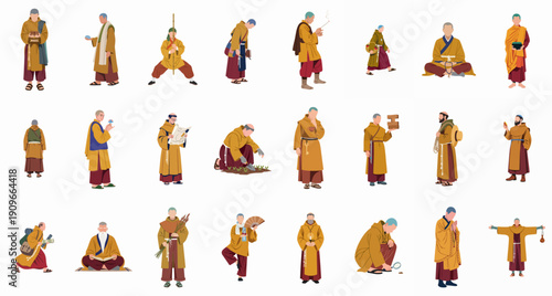 Collection of Buddhist and other Monks in Various Poses and Daily Activities Set, Featuring Prayer, Meditation, Martial Arts, Gardening, and Traveling.