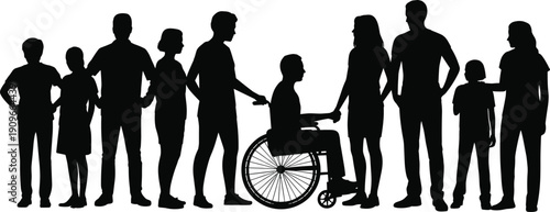 Silhouettes of diverse people standing together, including wheelchair user, unity and accessibility vector illustration for community, diversity, and social design