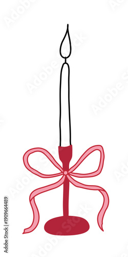 Hand drawn candle with coquette ribbon. Whimsical candle for Christmas, wedding and holiday decorations.