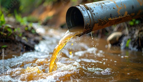 Polluted water flowing from a pipe into a natural stream, impacting the environment and ecosystems