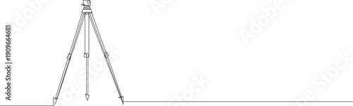 Single line illustration of a surveying theodolite on tripod in horizontal composition with empty space for text. Concept of construction measurement, geodesy, engineering and infrastructure projects.