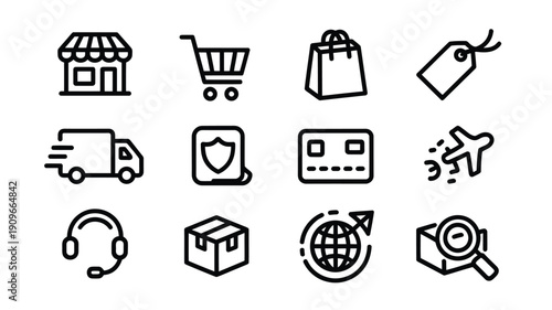 Collection of simple line icons representing shopping delivery and customer service