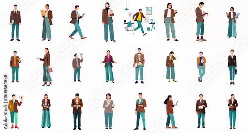 Collection of flat vector illustrations depicting diverse professional men and women in various poses, working, communicating, and managing business tasks.