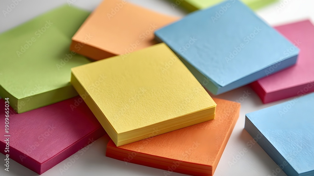 Fototapeta premium Stacks of colorful sticky notes scattered on a white background