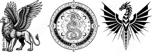 Mythical Creatures Vector Set: Griffin, Dragon, Occult Serpents