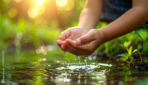 Child's hands gently cupping fresh, clear water in a natural setting, illuminated by soft golden sunlight, symbolizing purity and care for the environment