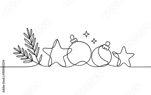 Minimalist continuous line drawing of christmas ornaments stars and pine branches