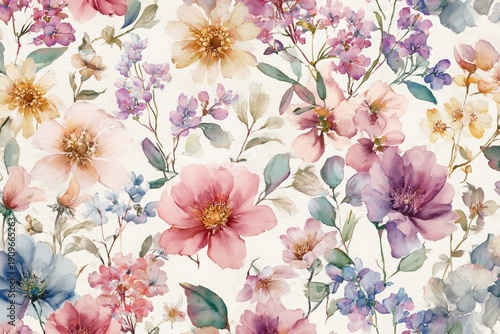 Elegant, gorgeous, vintage seamless repeatable pattern featuring blossom delicate pastel-colored flowers and foliage arranged organically in watercolor style