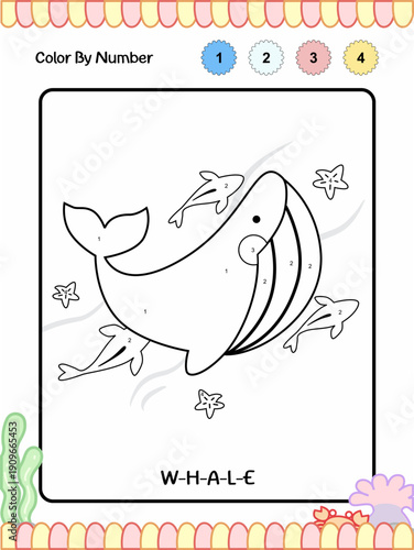 hand drawn whale line art for color by number page