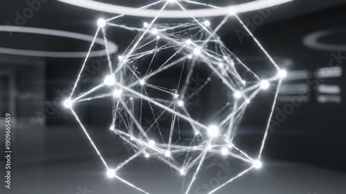 A glowing geometric structure of interconnected nodes and lines hovers in a room