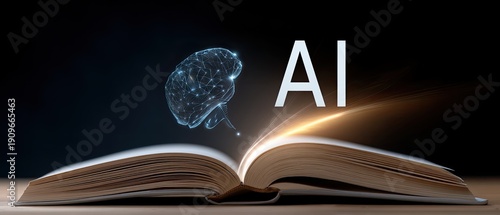 An open book shows an ai icon glowing on the cover with symbols of digital technology, creating a setting for knowledge sharing