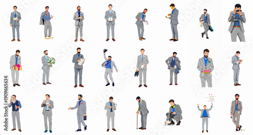 Collection of vector illustrations of men in formal gray suits, representing groomsmen, wedding guests, and event attendees performing various actions.