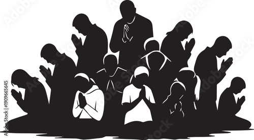 People praying silhouette vector illustration line art, worship group