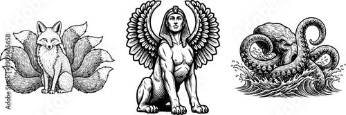 Hand Drawn Vintage Engravings of Mythological Creatures Set