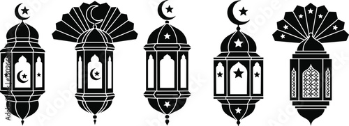 Decorative fanous lantern set with crescent moon and star patterns for ramadan kareem and eid mubarak festive design
