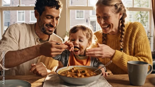 Family having meal together near window with daylight