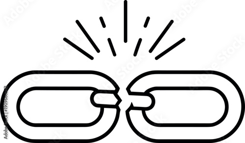 Broken chain link symbol showing connection break, separation, failure, freedom, and disruption in simple outline vector design
