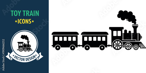 Black silhouette toy steam train with locomotive and wagons connected in classic vintage style vector illustration