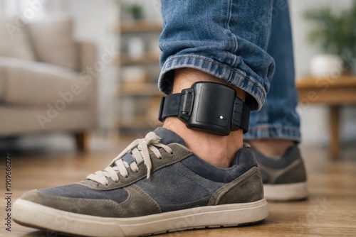 Wallpaper Mural Electronic ankle monitor device on leg of person wearing sneakers indoors Torontodigital.ca